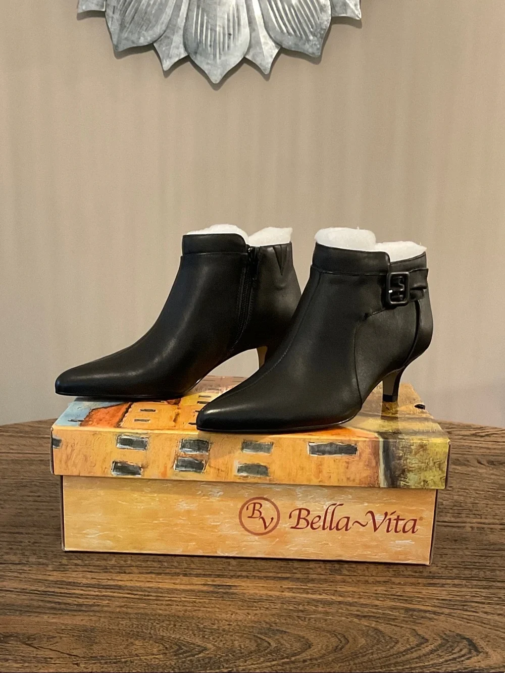 Bella Vita Black Pointed Leather Ankle Booties with Buckle